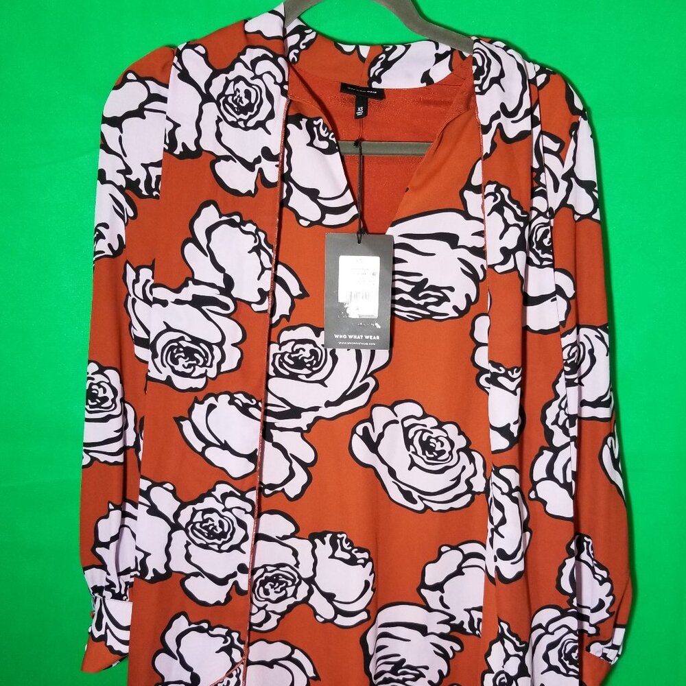 Who What Where V Neck Long Sleeve‎ Dress Rose Flower Size XS Floral Retro Office